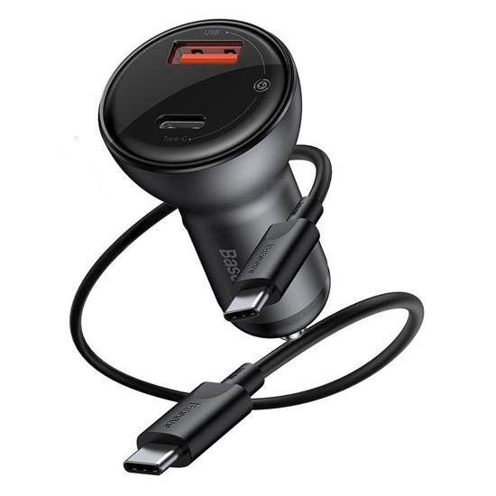 Digital Display PPS Car Dual Quick Charger with mini Type-C Cable 1m